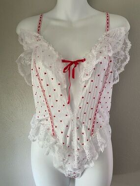 White Lace Heart-Print Teddy with Red Trim